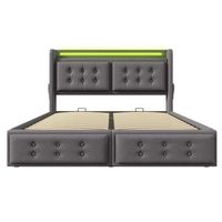 cama con almacenaje de tela de lino de 140x200cm con led y puertos de carga gris