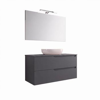 Kibath Mueble De Baño Con Lavabo, Espejo Y Aplique Led Victoria 100x45 Cm Sobre Encimera Acabado Grafito Mate 2 Cajones Suspendido