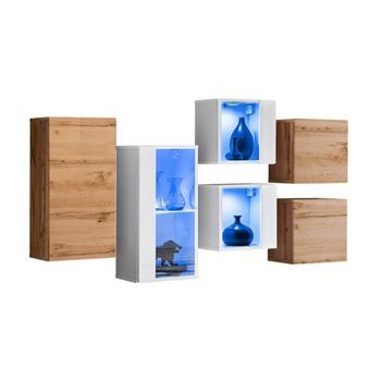 Conjunto De Muebles De Salón Switch Sbiv Diseño. Colores Blanco Y Roble.