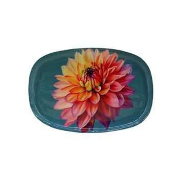 Bandeja de metal lacado turquesa con flores 20x14cm