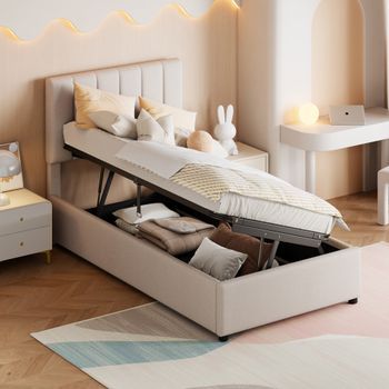 Cama Contenedor 90 X 200 Cm, Tela De Lino, Estilo Moderno, Somier Incluido, Color Beige