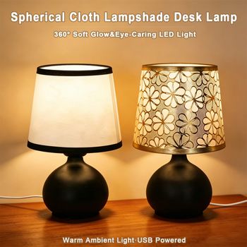 1PC Lámpara de Mesa con Base Esférica y Pantalla de Tela, Conexión USB, Iluminación Decorativa para el Hogar, Regalo de Inauguración de Casa