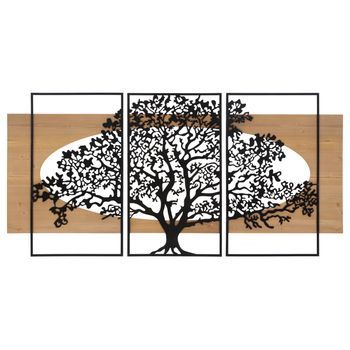 Juego De 3 Paneles Decorativos 3d De Metal Negro  Y Madera Cm 176x2x90