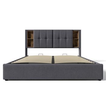 Cama Con Almacenaje Acolchada 140x200cm Con Cabezal De Almacenamiento Y Carga Inalámbrica Tejido Gris