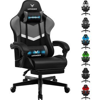 Silla Gaming con Reposapiés, Cojines Lumbar y Cervical Ajustables, Altura Regulable y Soporte para hasta 150 Kg, Cuero, Luckracer - Gris