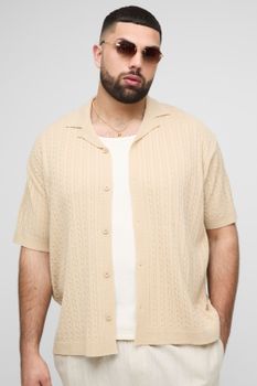 Camisa Plus De Manga Corta Y Punto En Ochos Con Solapas, Beige