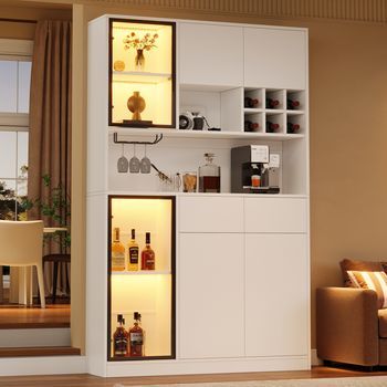 Vitrina Bodega Blanca 120x33x200 Cm Para Salón Comedor, 6 Puertas, 2 Cajones, Led, Estantes Abiertos Y Vidrio Templado, Aglomerado