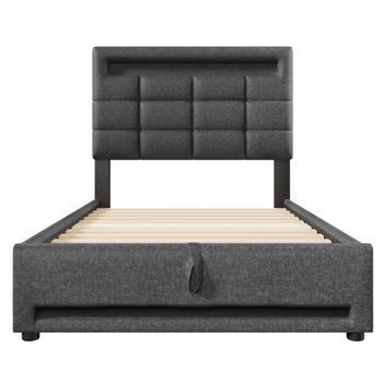 Cama Tapizada 90x200cm - Con Mando A Distancia App, Con Luces Led, Almacenamiento Hidráulico, Con Puerto Usb - Gris