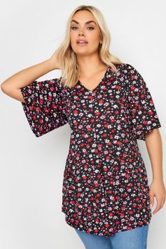 Yours Top Negro Floral Con Vuelo, Mujer Curvy Y Tallas Grandes, Yours