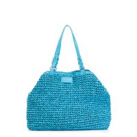 bolso tote de croche con charm de corazon de colores y borde de rafia aquamarine