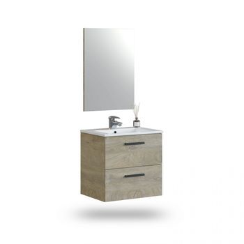 Mueble De Baño Suspendido De 2 Cajones Y Espejo 45x60 Cm Sense Roble Alaska 60 X 57 X 45 Cm
