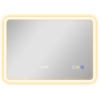 HOMCOM Espejo de Baño con Luz LED 70x50 cm con Bluetooth 3 Colores de Luz Reloj Digital Función Antivaho Función de Memoria
