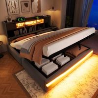 cama con almacenamiento de 180 x 200 cm con sistema hidraulico e iluminacion led  metal y mdf  cabecero con puertos usb  gris colchon no incluido