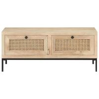 mesa de centro 50x90x37 cm madera maciza de mango con acabado blanqueado mimbre natural y acero con recubrimiento en polvo - marron