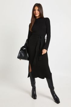Vestido Midaxi De Canalé De Punto Con Atadura En La Cintura, Negro