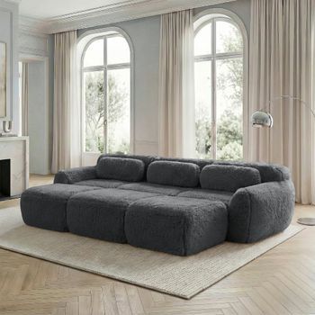 Canapé Convertible Modular Para 3 Personas Con 3 Poufs, Revestimiento De Felpa Suave, Gris
