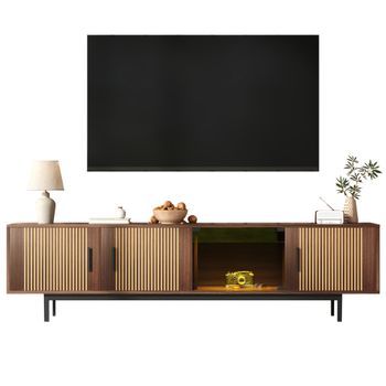 Mueble De Tv Bajo Con Textura Esculpida, Tira De Luz Led, Puerta De Vidrio Templado, Acabado En Madera.