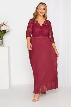 Yours London Vestido Dama De Honor Granate Encaje Y Falda Plisada, Mujer Curvy Y Tallas Grandes, Yours London