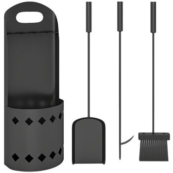 Outsunny Set de herramientas para chimenea 4 piezas, accesorio herramientas chimenea con escoba pala atizador y soporte, en metal negro