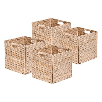 Juego de 4 cestas con asas de jacinto de agua, 31x31x31 cm
