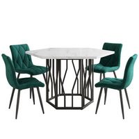 conjunto de comedor mesa hexagonal efecto marmol y 4 sillas de terciopelo verde