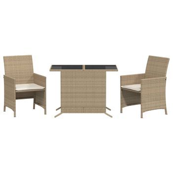 3 Uds Sillas Y Mesita De Jardín | Silla De Exterior | Sillon Jardín Ratán Sintético Cojín Beige