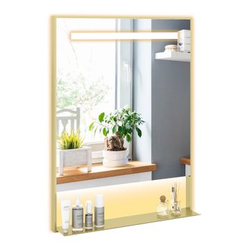 Costway Espejo de Baño LED con Función Antivaho 3 Colores de Luz y Brillo Ajustable Marco de Aluminio con Estante para Pared 80 x 60cm Oro