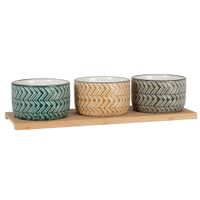 set de 3 cuencos de ceramica multicolor y bandeja de bambu