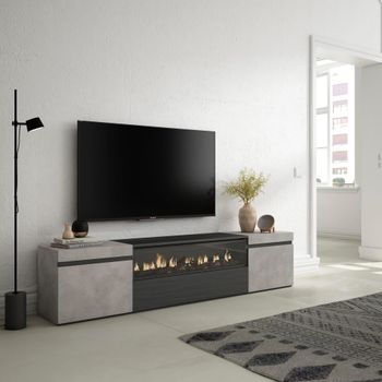Mueble tv efecto madera cemento 200x35x45cm chimenea efecto fuego