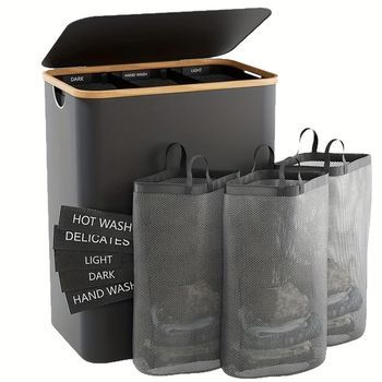 Cesto De Lavandería Multifuncional Con 3 Bolsas De Malla Y Etiquetas De Clasificación - Cesta De Almacenamiento Plegable De Tela Oxford Black
