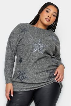 Yours Jersey Gris Suave Con Estrellas De Lentejuelas, Mujer Curvy Y Tallas Grandes, Yours