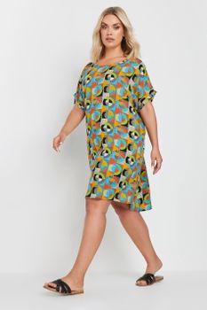 Yours Vestido Fresco Corto De Estampado Retro En Azul Y Naranja, Mujer Curvy Y Tallas Grandes, Yours