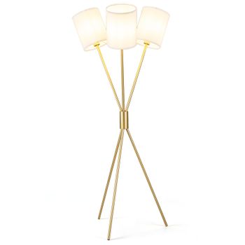 Costway Lámpara de Pie con Trípode 3 Pantallas de Tela Iluminación Ambiental Cálida Estilo Nórdico Estructura Metálica Altura 160 cm Dorado