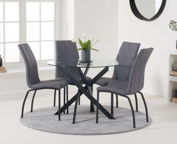 Mara 100cm Round Glass Dining Table with Antique Noir Chairs - Grey, 4 Chairs