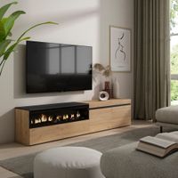 mueble tv efecto madera roble y negro 200x35x45 chimenea efecto fuego