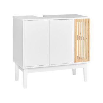 Mueble De Baño Para Lavabo Bambú Mdf Patas De Madera De Pino Estantes De Almacenaje Muebles De Baño Blanco Y Madera Clara Nubes