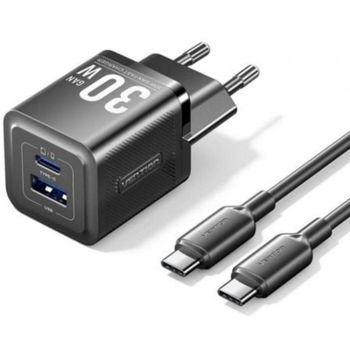 Cargador de pared GaN Vention TZ-FEQB0-EU-01 2 Puertos USB-C + USB-A 30W Cable USB-C