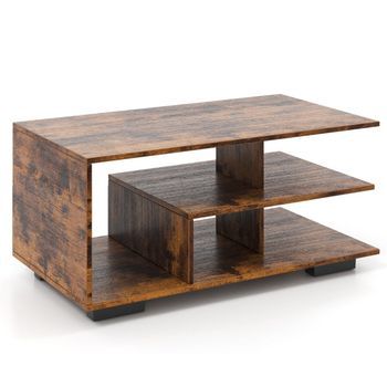 Mesa De Centro Con Espacio De Almacenamiento Y; Estante Central En Forma De L, Mesa Rectangular Para Salón, Mesa Decorativa Marrón