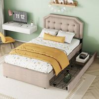 cama plana 90x200 tapizada mesita noche remaches decorativos cajones dobles beige oscuro
