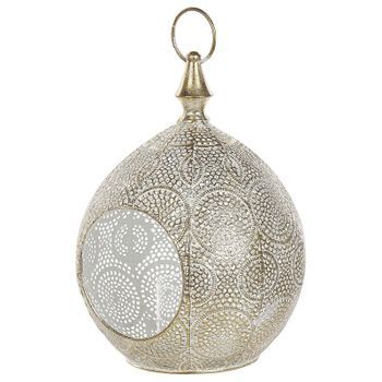 Farol De Metal Dorado 33 Cm Con Portavelas De Cristal Calado Oriental Boho Laeso