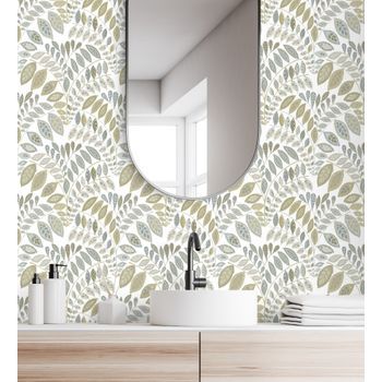 Papel Pintado Vinílico Ecológico Nórdico De Hojas Beige Y Grises - Sandy Springs 679437 De Gaulan - Rollo De 10 M X 0,53 M