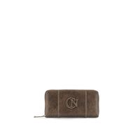cartera grande con cremallera perimetral efecto vintage con parche de logo brown