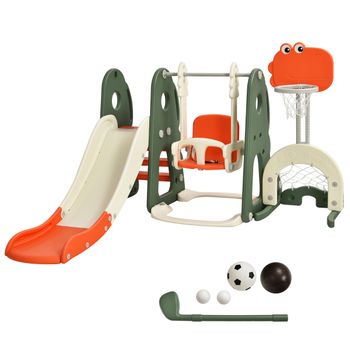 Costway Juego de Tobogán y Columpio Infantil de Escalar y Deslizar 6 en 1 con Canasta de Baloncesto Parque 18+ Meses 172 x 182 x 120 cm