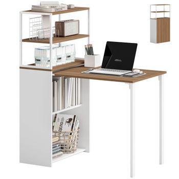 Escritorio Plegable Con Estantería, Aglomerado Y Acero, 105 × 60 × 127 Cm – Madera Natural Y Blanco