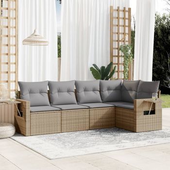 Conjunto De Sofás Jardín Con Cojines 5 Uds | Mueble Jardin Mesa Y Sillas Ratán Sintético Beige Cfw818141