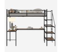 cama alta con escritorio en l - gran almacenamiento estante marco resistente negro