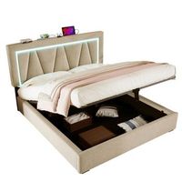 cama con canape 160 x 200 cm - usb  tipo c  leds - tejido de lino - beige  colchon
