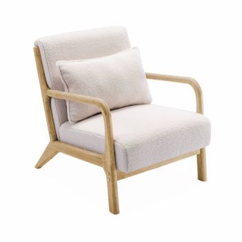 Sillón Escandinavo De Madera Y Tela Borreguito, Crema