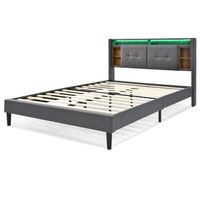 cama gris 160 x 200 cm con cabecero de almacenaje led 2 puertos usb y 2 enchufes