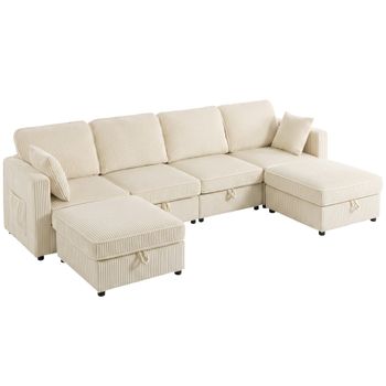 HOMCOM Sofá modular en U 4 plazas con 2 pufs contenedores en terciopelo acanalado, 4 cojines, Blanco crema